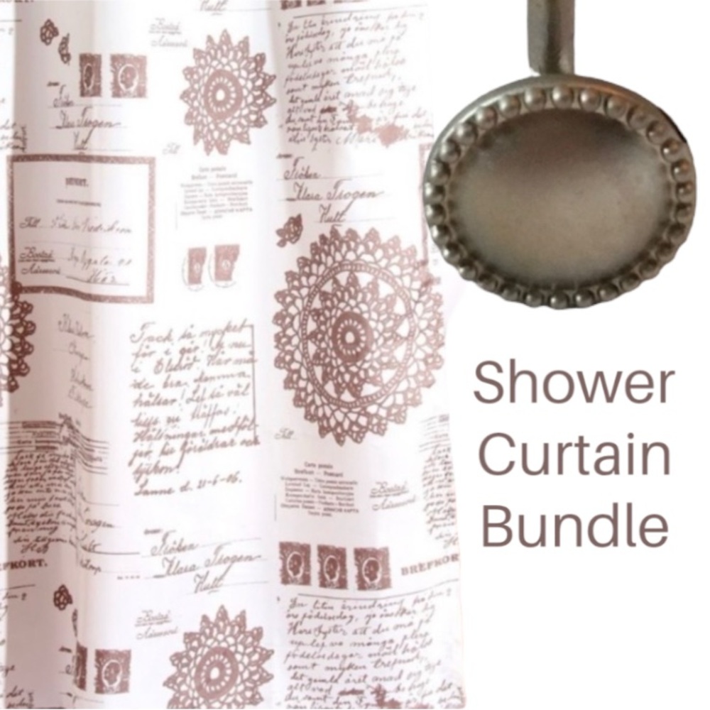Bundle: Printed Script Shower Curtain & Titan Never Rust Hooks in Brushed Nickel